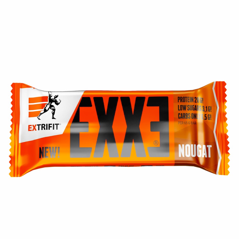 Extrifit Exxe Iso Protein Bar 31% in 65g, showing the chocolate-coated protein baton with branding and nutrition label.