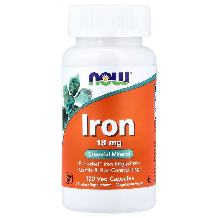 NOW Foods Iron 18 mg Iron Bisglycinate 120 Veg Capsules pakuotė – švelnus skrandžiui geležies bisglicinatas sportui ir sveikatai