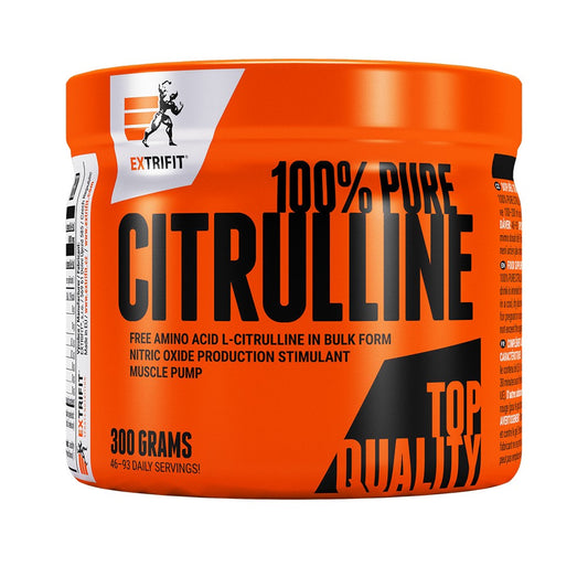 Extrifit 100% Citrulinas, beskonis, sporto papildas, 300 g pakuotė, pre-workout treniruotėms, vaizdas su produkto pakuote.